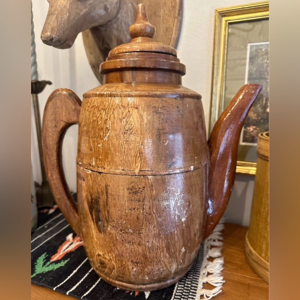 Vintage Large Wooden Decorative Teapot Pitcher Rustic, Distressed